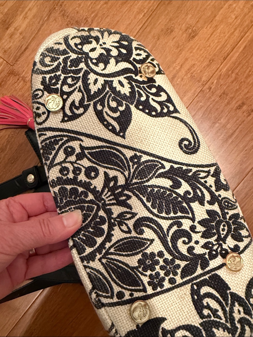 Spartina 449 Black & Cream Floral Canvas Tote with Pink Tassel - Picture 13 of 15